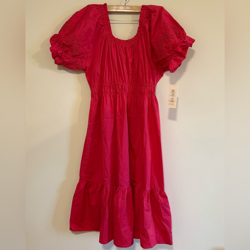 NWT Nanette Lepore Coral Puff Sleeve Midi Dress with Eyelet Detail Size 16 - Picture 3 of 7